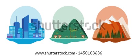 Travel concept - blue city, green beach and red mountains. Applicable as background or icons for travel design. Three detailed icons. Vector illustration.