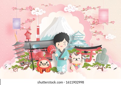 Travel concept with a boy travel to Japan with Japanese landmark. Paper cut. 