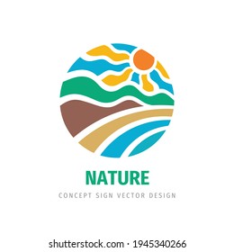 Travel - concept business logo template vector illustration. Summer vacation abstract sign in circle shape. Tropical holiday. Palm tree, sea waves, beach, coast, hill, sun. Graphic design element. 