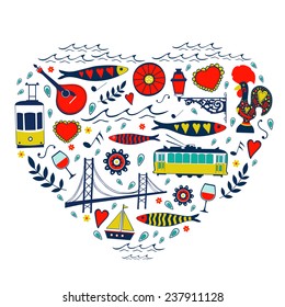 Travel concept card. Illustration of love for Lisbon - heart with vector icons. Vector illustration