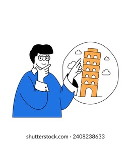 Travel concept with cartoon people in flat design for web. Man going to Italy trip with sightseeing excursions to national landmarks. Vector illustration for social media banner, marketing material.