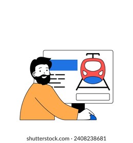 Travel concept with cartoon people in flat design for web. Man planning vacation trip in different country and booking train tickets. Vector illustration for social media banner, marketing material.