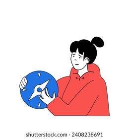 Travel concept with cartoon people in flat design for web. Woman with compass going to backpacking trip with hiking and discovering. Vector illustration for social media banner, marketing material.