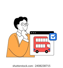 Travel concept with cartoon people in flat design for web. Man going to vacation in new city and booking ticket to excursion bus. Vector illustration for social media banner, marketing material.