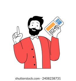Travel concept with cartoon people in flat design for web. Man with flight ticket going to resort vacation with landmark sightseeing. Vector illustration for social media banner, marketing material.