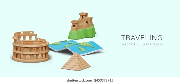 Concepto de viaje en estilo de dibujos animados. 3D Gran Muralla de China, pirámide, Coliseo, mapa del mundo