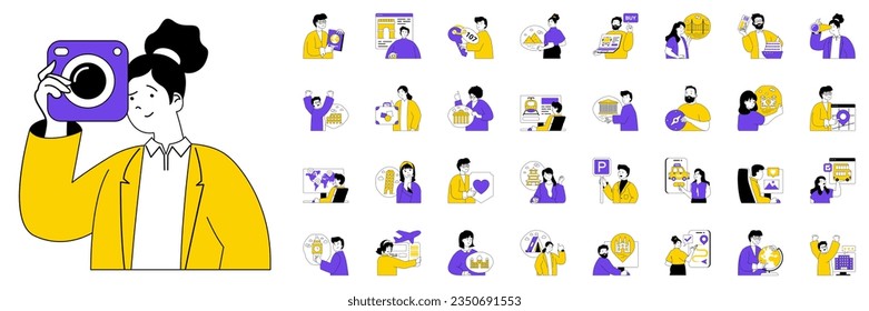 Travel concept with character situations mega set. Bundle of scenes people go on vacation, ordering tickets, booking room, cruise holiday, excursion and other. Vector illustrations in flat web design