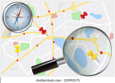 Travel concept with city street map, compass and magnifying glass.
Map location app Vector Design Illustration./Vector Map Location App/ Vector Map Location App