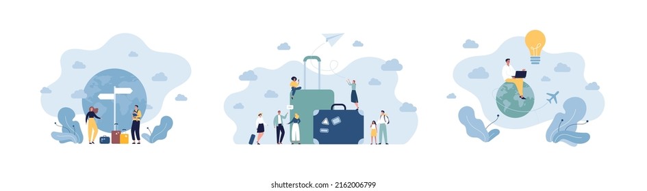 Travel concept collection. Vector flat illustration set. Mother and father with baby in carrier.Air plane, planet earth global transportation symbol. Multiethnic people characters.