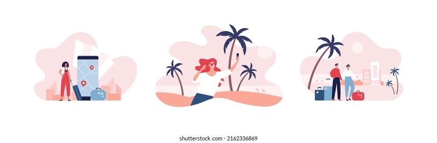 Travel concept collection. Vector flat illustration set. Group of male and female tourist with baggage on island holiday trip. Summer seaside beach, hotel building, smartphone with city map symbol