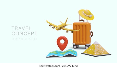 Travel concept with colorful realistic figures. Symbols of travel and rest. Trip to another country. Air flights around world. Advertising poster in cartoon style