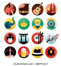 Travel Concept Country Germany Japan India Spain Landmark Flat Icons Design