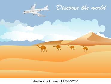 Travel concept, desert sand dunes, camels caravan silhouettes, vector