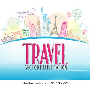 Travel Concept Design Background of Line Drawing of Famous Landmarks Around The World. Vector Illustration

