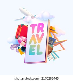 Travel concept design. Vacation illustration with big phone, suitcase, airplane and things for traveling. 3D Realistic vector illustration.