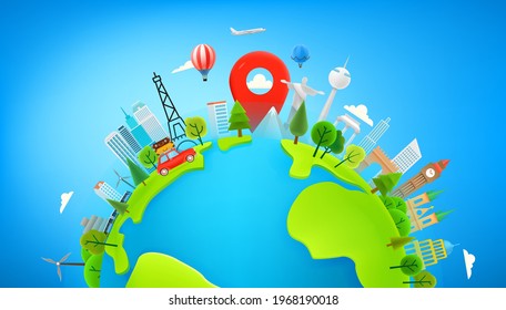 Travel concept with different vehicles. Car, balloon, airplane, train. Vector panorama
