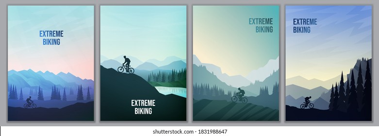 Travel concept of discovering, exploring and observing nature. Mountain bike. Cycling. Adventure tourism. Minimalist graphic poster. Polygonal flat design for book cover, poster, brochure, magazine