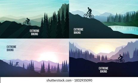 Travel concept of discovering, exploring and observing nature. Mountain bike. Cycling. Adventure tourism. Minimalist graphic poster. Polygonal flat design for web banner, website template, wallpaper