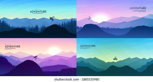 Travel concept of discovering, exploring and observing nature. Mountain bike. Cycling. Adventure tourism. Minimalist vector flat illustration. Sunset scene. Set of background. Freestyle biker