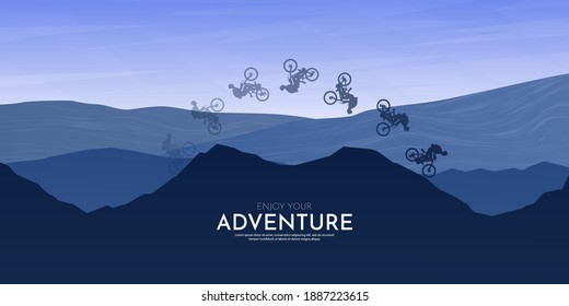 Travel concept of discovering, exploring and observing nature. Mountain bike. Cycling. Adventure tourism. Minimalist vector flat illustration. Sunset scene. Blue background. Freestyle biker