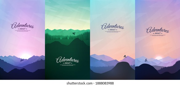 Travel concept of discovering, exploring and observing nature. Mountain bike. Cycling. Adventure tourism. Minimalist vector flat illustration. Freestyle biker. Design for flyer, voucher, coupon