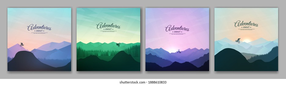 Travel concept of discovering, exploring and observing nature. Mountain bike. Cycling. Adventure tourism. Minimalist vector flat illustration. Freestyle biker. Design for social media, banner