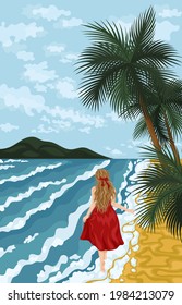 Travel concept of discovering, exploring and observing nature. Hiking. Woman walking alone, enjoy scenic nature views.