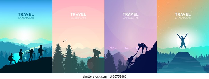 Travel concept of discovering, exploring, observing nature. Hiking. Adventure tourism. Minimalist graphic flyers. Polygonal flat design for coupon, voucher, gift card, banner. Vector illustration set