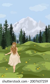 Travel concept of discovering, exploring and observing nature. Hiking. Woman walking alone, enjoy scenic nature views. Vector illustration EPS10