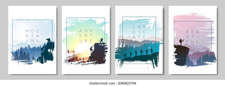 Travel concept of discovering, exploring, observing nature. Hiking. Adventure tourism. Man watches nature, climbing to top, friends going hike,  support of friends. Landscapes set. Vector illustration