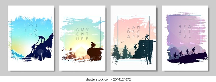 Travel Concept Of Discovering, Exploring, Observing Nature. Hiking. Adventure Tourism. A Man Watches Nature, Climbing, Friends Going Hike, Teamwork, Support Of Friends. Landscapes Vector Poster Set 