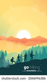 Travel concept of discovering, exploring, observing nature. Hiking tourism. Adventure. A team of friends climbs the mountains. Teamwork. Vector polygonal landscape illustration. Minimalist flat design