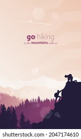 Travel concept of discovering, exploring, observing nature. Hiking tourism. Adventure. A team of friends climbs the mountains. Teamwork. Vector polygonal landscape illustration. Minimalist flat design