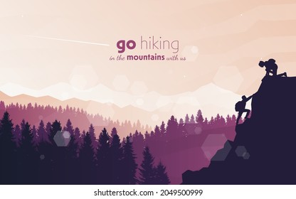 Travel concept of discovering, exploring, observing nature. Hiking tourism. Adventure. A team of friends climbs the mountains. Teamwork. Vector polygonal landscape illustration. Minimalist flat design