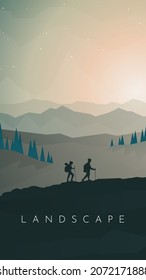 Travel concept of discovering, exploring, observing nature. Hiking tourism. Adventure. A couple climbs the mountains. Teamwork. Vector polygonal landscape vertical illustration. Minimalist flat design