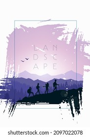Concepto de viajes de descubrir, explorar y observar la naturaleza. Turismo de senderismo. Aventura. Volante gráfico minimalista. Diseño plano poligonal. Ilustración vectorial. Equipo de excursionistas escalan montañas. Trabajo en equipo