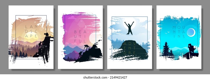 Travel concept of discovering, exploring, observing nature. Hiking. Adventure tourism. Abstract landscape. Frames set. Minimalist style. Flat design. Banners set with polygonal landscapes illustration