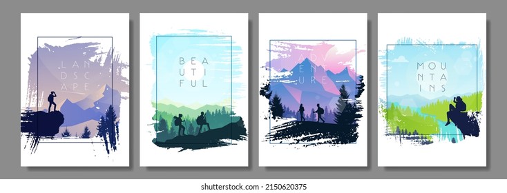 Travel concept of discovering, exploring, observing nature. Hiking. Adventure tourism. Landscape. Frames set. Minimalist style. Flat design. Banners set with polygonal landscapes illustration. Vector
