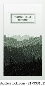 Travel concept of discovering, exploring and observing nature. Doodle hand drawn. Design web banner. Landscape with mountains and forest vintage grunge texture. Vector background illustration. 
