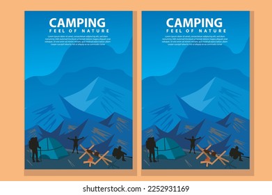 Travel concept of discovering, exploring, observing camping. Hiking. Adventure tourism. Minimalist graphic flyers. flat design for coupon, voucher, gift card, banner. Vector illustration set on eps 10