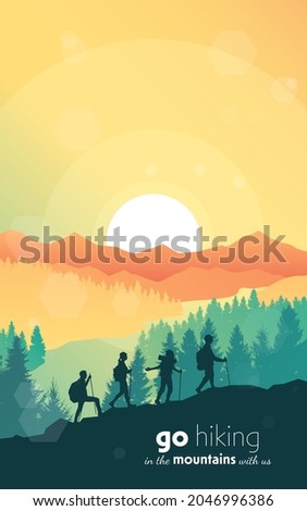 Travel concept of discovering, exploring, observing nature. Hiking tourism. Adventure. A team of friends climbs the mountains. Teamwork. Vector polygonal landscape illustration. Minimalist flat design