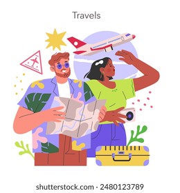 Travel concept. Diverse couple holding a map and camera with an airplane overhead. Exploring new places and cultures. Vector illustration.