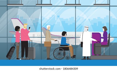 Travel concept of diversity people at international airport standing with suitcases at counter check-in queue line by woman officer. LGBT, Muslim, Interracial couple, Nationalities, Handicapped.