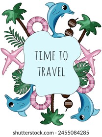 Travel Concept with Dolphin, Palm Tree, Tropical Leaves solated transparent background. Sketchy lines Summer Art. Y2K vector aesthetic can used web banner, t-shirt print. Editable stroke. EPS 10