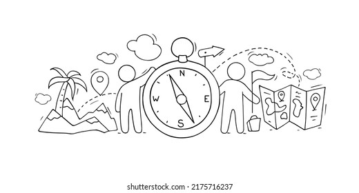 Travel concept with doodle men with compass, map and red flag. Vector hand drawn illustration of journey, trip navigation and geography with people, mountain, palm tree, arrow and map points