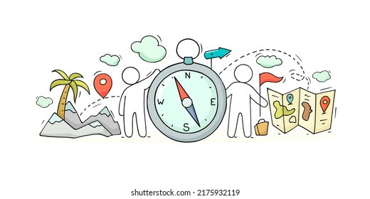 Travel concept with doodle men with compass, map and red flag. Vector hand drawn illustration of journey, trip navigation and geography with people, mountain, palm tree, arrow and map points