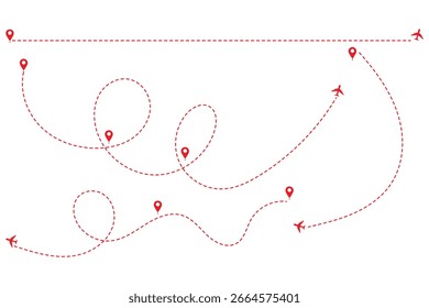 Travel concept Dotted path airplane Aircraft tracking. Line path vector icons of air plane flight routes with start point and dash line trace.