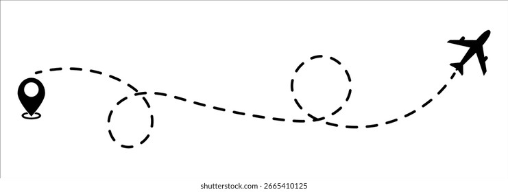 Travel concept Dotted path airplane Aircraft tracking. Line path vector icons of air plane flight routes with start point and