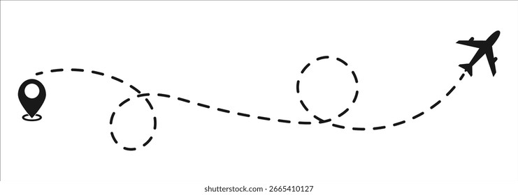 Travel concept Dotted path airplane Aircraft tracking. Line path vector icons of air plane flight routes with start point and