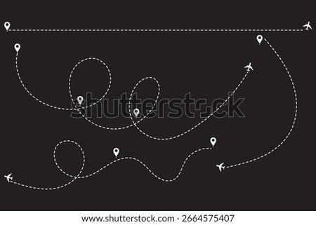Travel concept Dotted path airplane Aircraft tracking. Line path vector icons of air plane flight routes with start point and dash line trace.